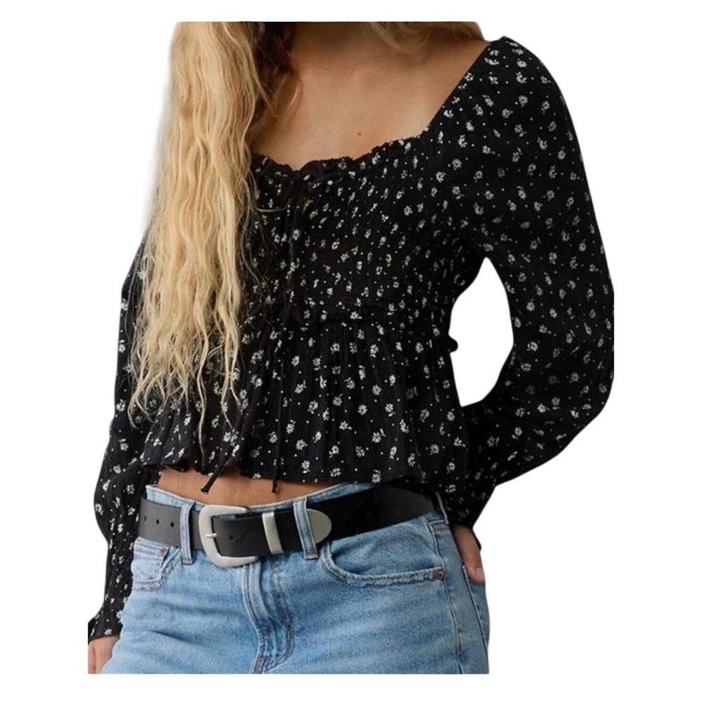 American‎ Eagle Floral Print Long Sleeve Square Neck Smocked Blouse Small S